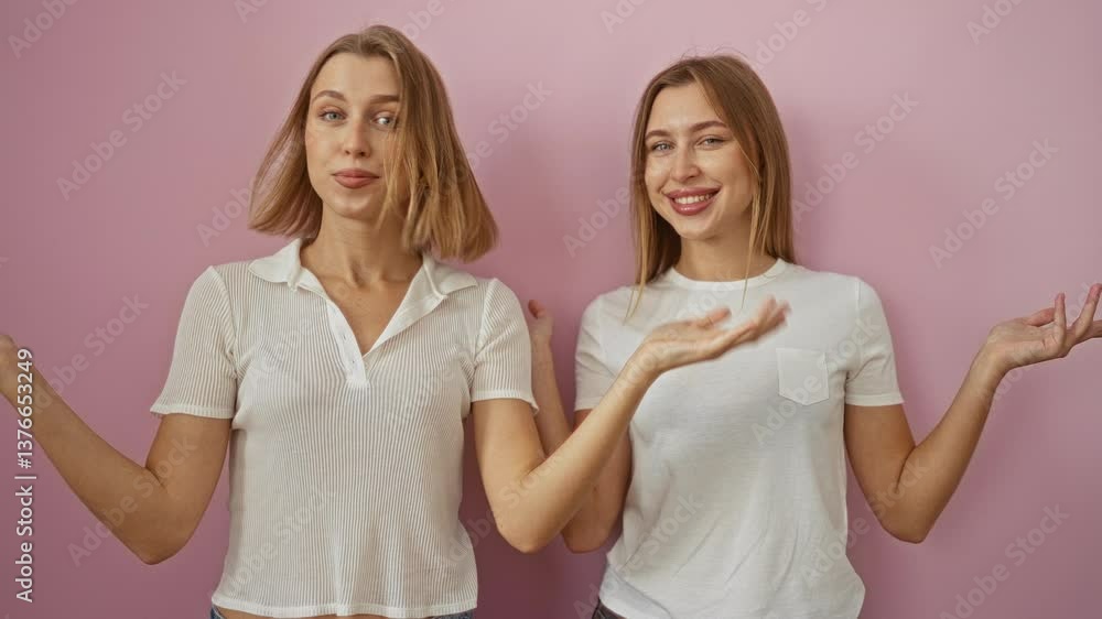Two blonde sisters posing together against an isolated pink background, expressing family love and togetherness. Two blonde sisters posing together against an isolated pink background, expressing family love and togetherness.