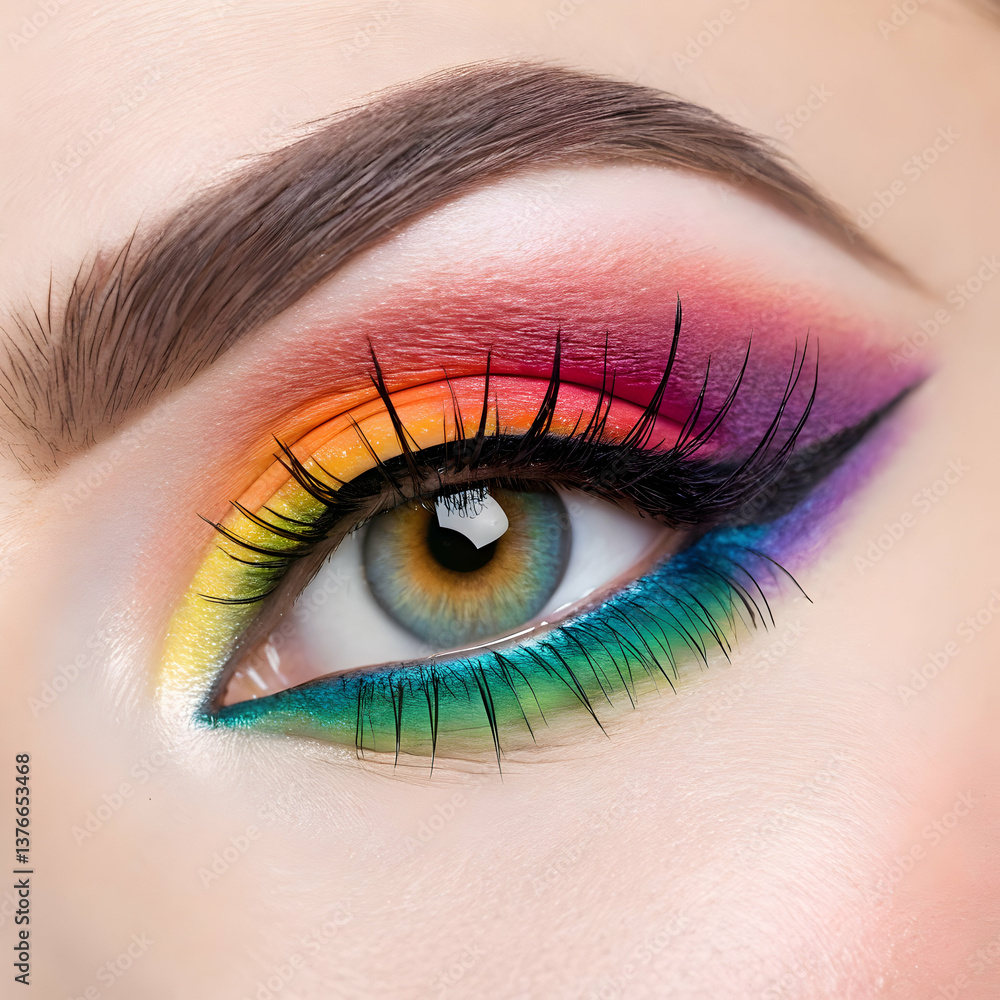 Obraz premium Close-up view of blue female eye with beautiful modern creative make-up