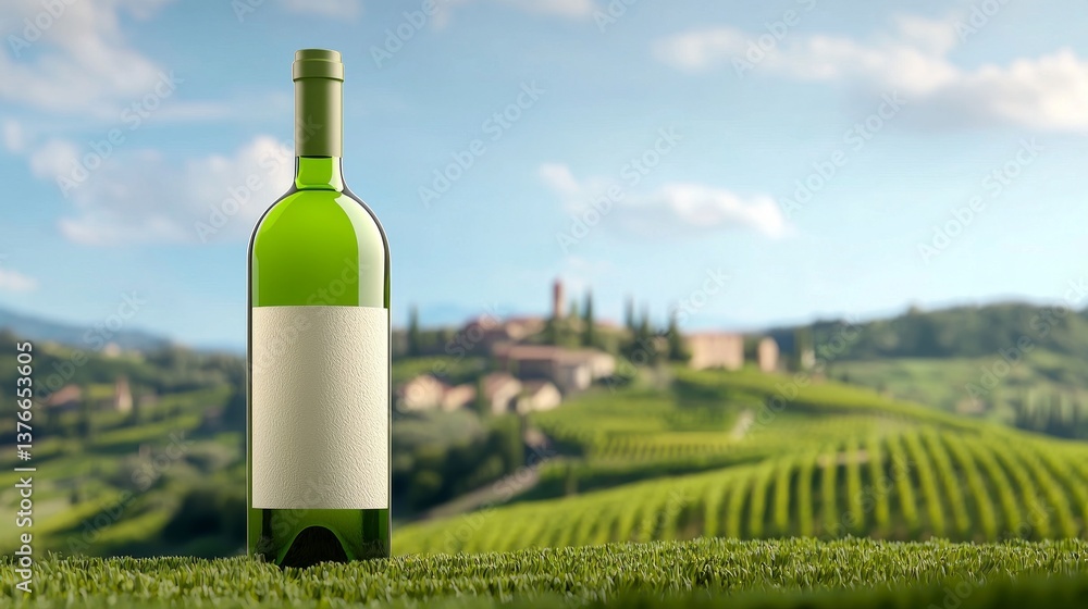 Fototapeta premium An Elegant Wine Bottle is Enchantingly Beautifully Surrounded by a Lush and Picturesque Vineyard Scenery