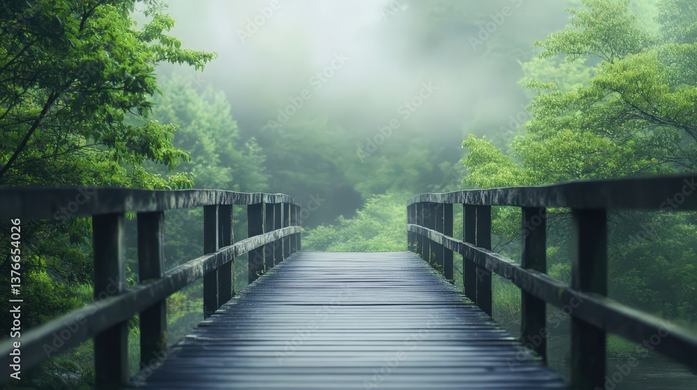 A misty wooden bridge leads into a serene forest, symbolizing peace and spiritual clarity. Ethereal landscapes and soft-focus details create a tranquil nature scene with ample copy space. A misty wooden bridge leads into a serene forest, symbolizing peace and spiritual clarity. Ethereal landscapes and soft-focus details create a tranquil nature scene with ample copy space.