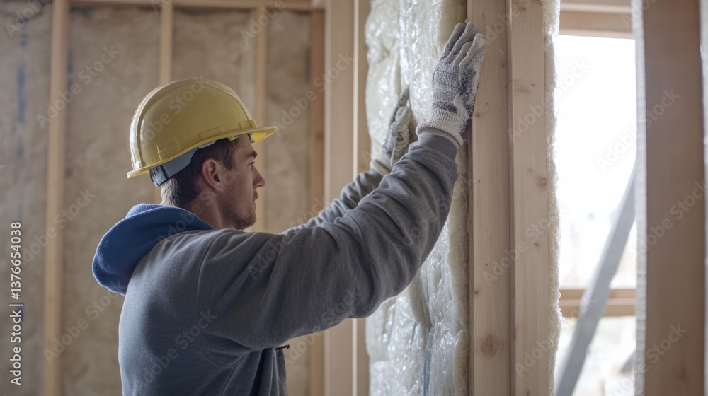 A construction worker attaching insulation material to a wall frame. Featuring energy efficiency and installation A construction worker attaching insulation material to a wall frame. Featuring energy efficiency and installation