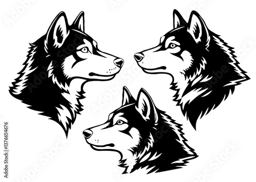 Siberian Husky Dog Head – Detailed Hand-Drawn Side View Vector

