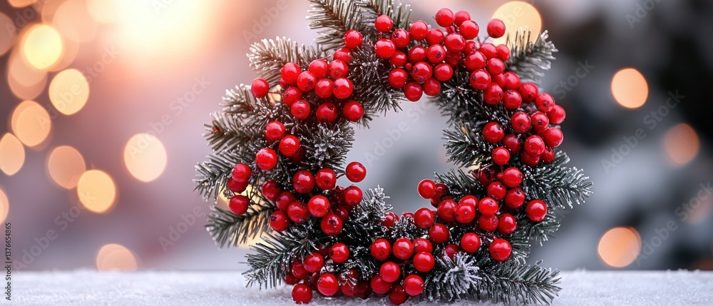 Festive wreath with red berries and frosted greenery, set against a bokeh background of warm lights Festive wreath with red berries and frosted greenery, set against a bokeh background of warm lights