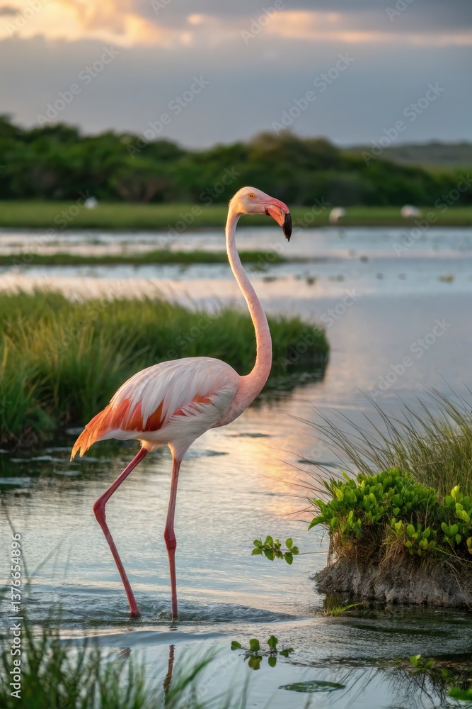 Fototapeta premium Elegant Flamingo Walking Through Calm Waters at Sunset Generative AI