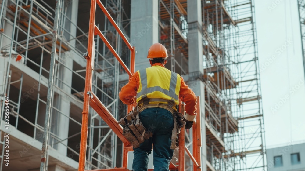 A construction worker carrying materials on a scaffold. Featuring teamwork and strength A construction worker carrying materials on a scaffold. Featuring teamwork and strength