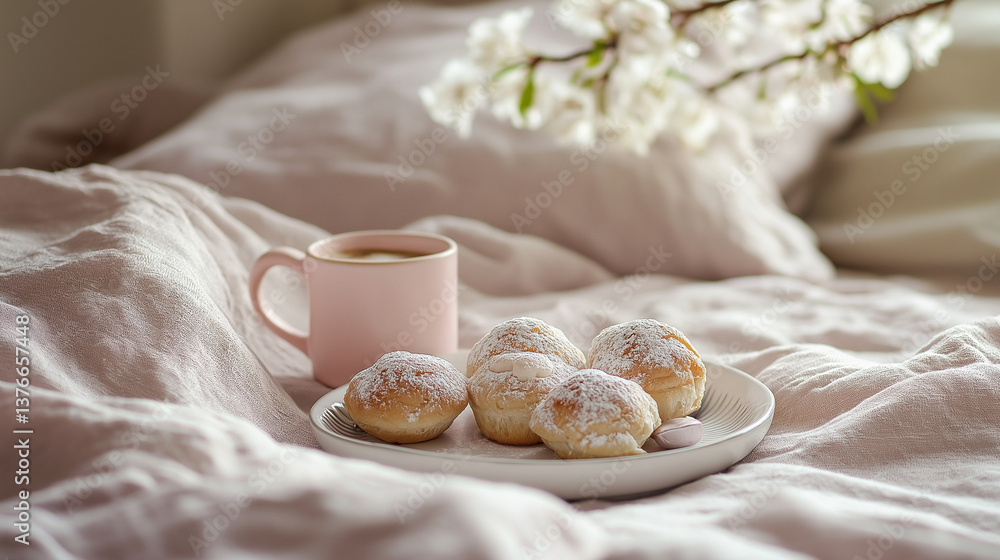 Easter breakfast with cookies and cup of coffee on bed, breakfast in bed concept Easter breakfast with cookies and cup of coffee on bed, breakfast in bed concept