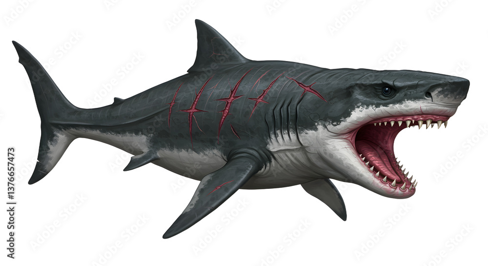 Fototapeta premium Shark Open Mouth Showing Teeth Underwater Predator Illustration
