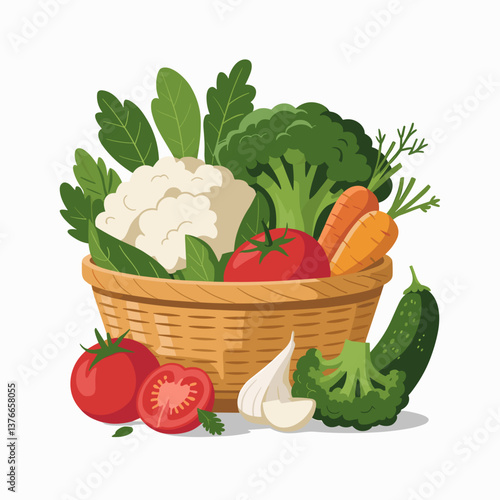 Basket of Fresh Vegetables with Tomatoes, Carrots, and Greens