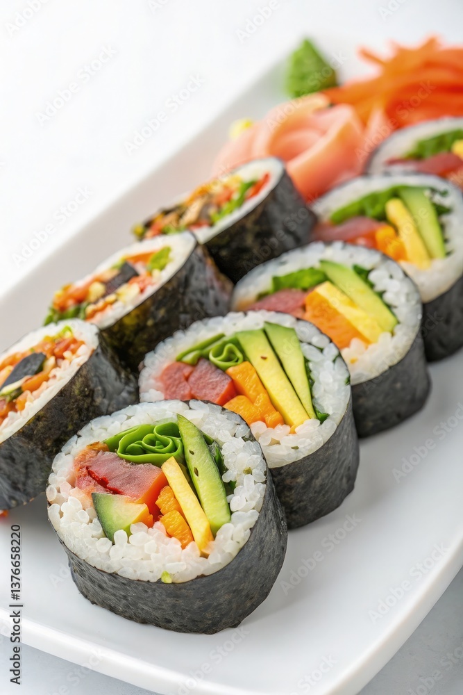 Sushi Rolls Served on White Plate With Fresh Garnishes Generative AI Sushi Rolls Served on White Plate With Fresh Garnishes Generative AI