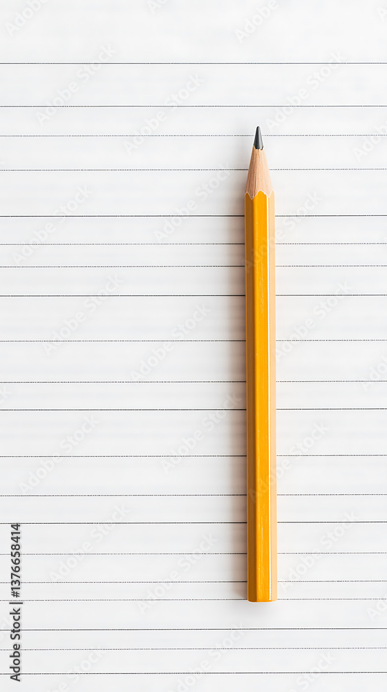 Pencil on Lined Paper: A straightforward composition of a yellow pencil resting on lined paper, symbolizing writing, creativity, or educational tasks. Pencil on Lined Paper: A straightforward composition of a yellow pencil resting on lined paper, symbolizing writing, creativity, or educational tasks.