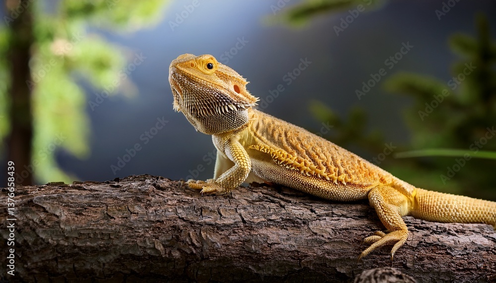 yellow bearded dragon on log in forest yellow bearded dragon on log in forest