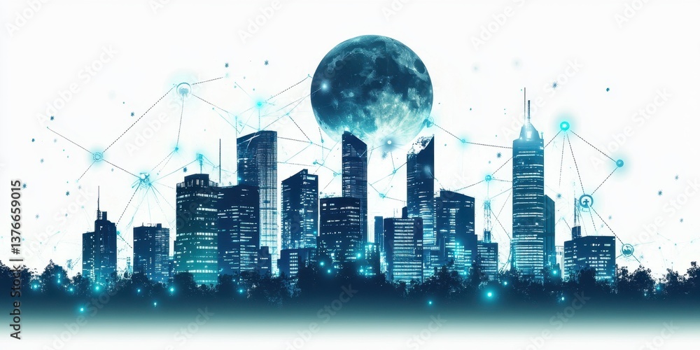 Fototapeta premium Cityscape of the Future: A digitally rendered image depicts a modern city skyline illuminated by vibrant blue lights, with a prominent moon in the background.