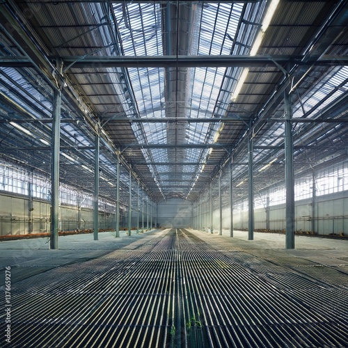 Wide open industrial space with high ceilings and natural light illuminating the floor. Generative AI