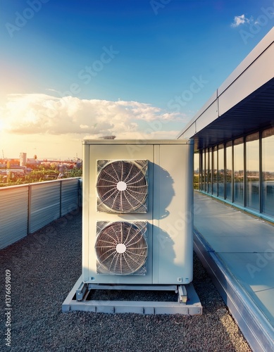 Rooftop air conditioning units at sunset overlooking a modern city skyline in warm evening light Generative AI