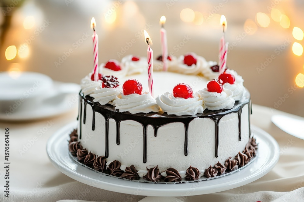A white frosted cake decorated with candles and red cherries A white frosted cake decorated with candles and red cherries