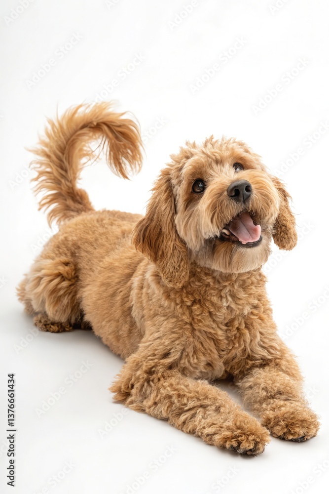 Happy Goldendoodle Lying on a White Background Generative AI Happy Goldendoodle Lying on a White Background Generative AI