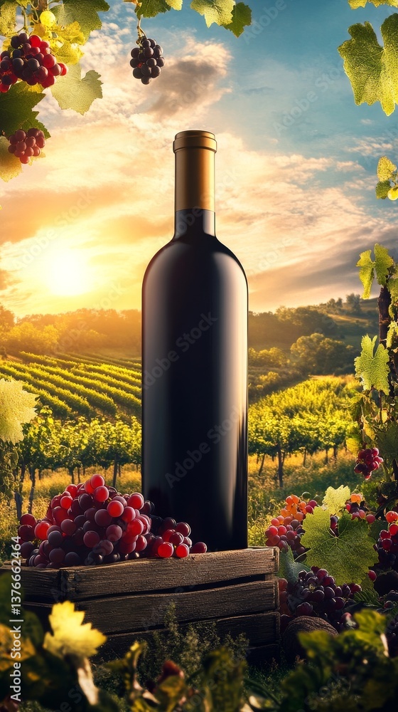 Fototapeta premium A beautiful sunset glows over a picturesque vineyard, featuring a wine bottle surrounded by fresh grapes