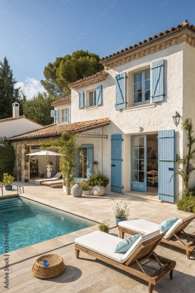 Fototapeta premium Elegant Villa With Pool Under a Bright Blue Sky Generative AI