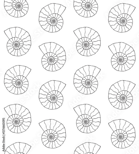 Vector seamless pattern of hand drawn sketch doodle outline ammonite isolated on white background