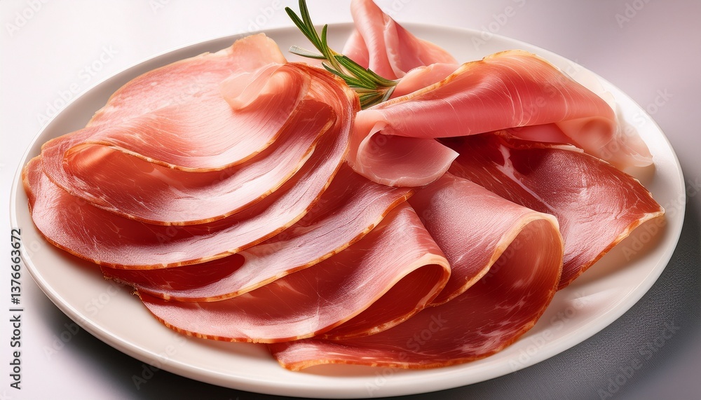 close up of thin slices of cured ham on a white plate close up of thin slices of cured ham on a white plate