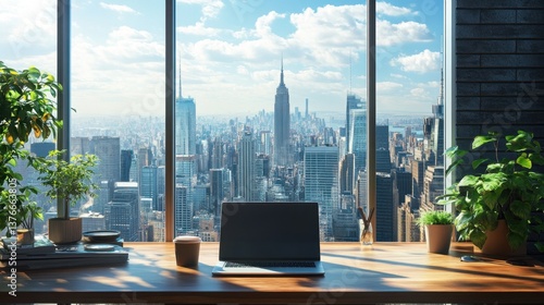 Modern Office with Skyline View of New York City Featuring Indoor Plants