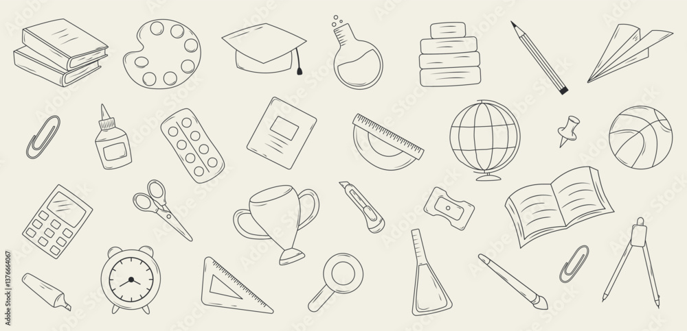 A set of hand-drawn school supplies icons. Vector illustration A set of hand-drawn school supplies icons. Vector illustration
