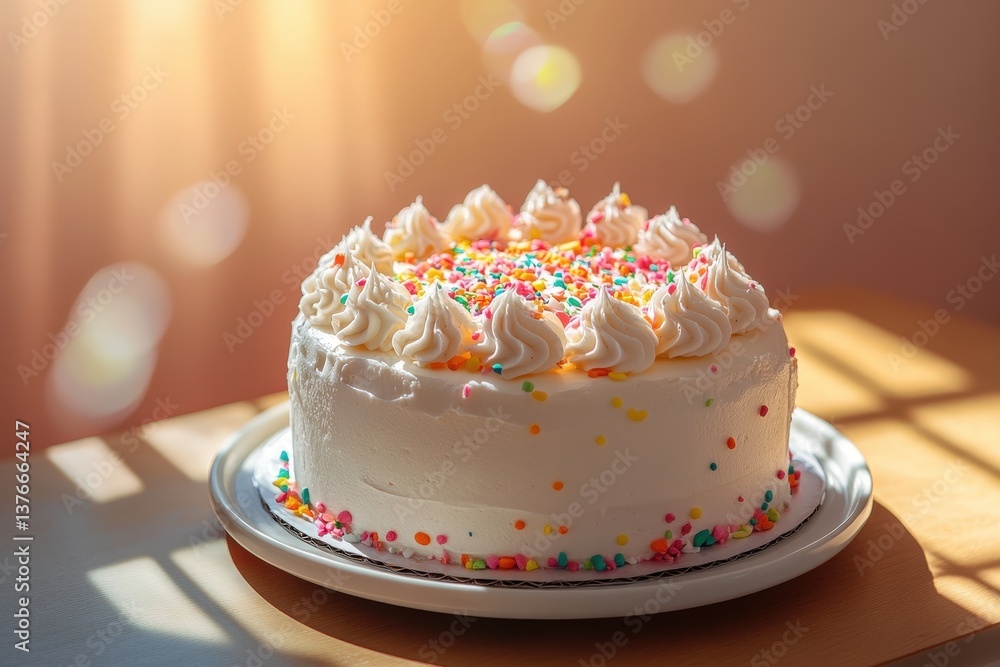 A beautifully decorated cake sits gracefully on a white plate A beautifully decorated cake sits gracefully on a white plate