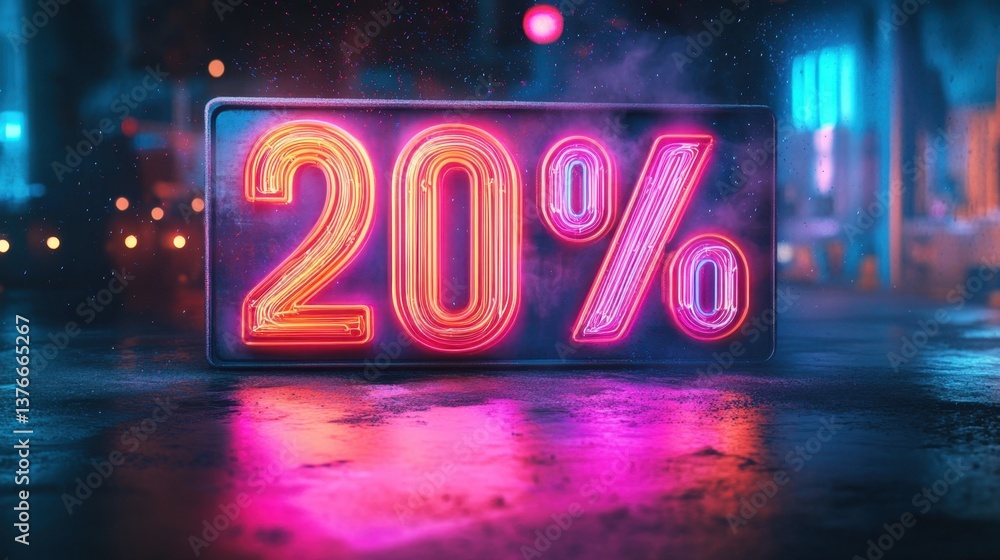 Neon 20% Sign with Vibrant Reflections in Moody Urban Night Scene Neon 20% Sign with Vibrant Reflections in Moody Urban Night Scene