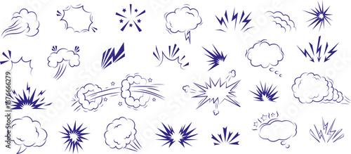 Boom effects, smoke and explosion elements. Comic-style zap, bam, and smoke sketch elements for dynamic designs. Perfect for illustrations, comics, cartoons, and graphic design