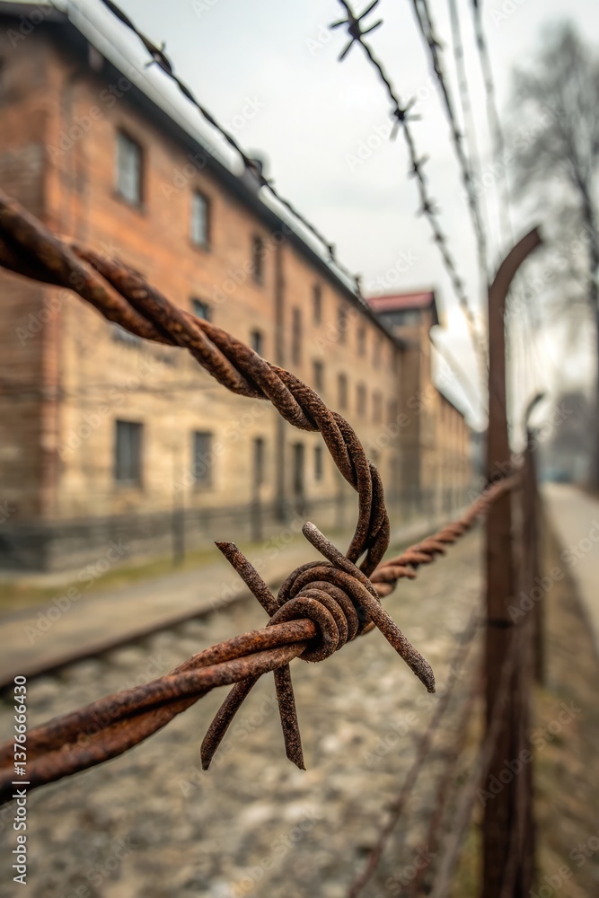 Barbed Wire Along Historical Site at a Former Detention Center Generative AI Barbed Wire Along Historical Site at a Former Detention Center Generative AI