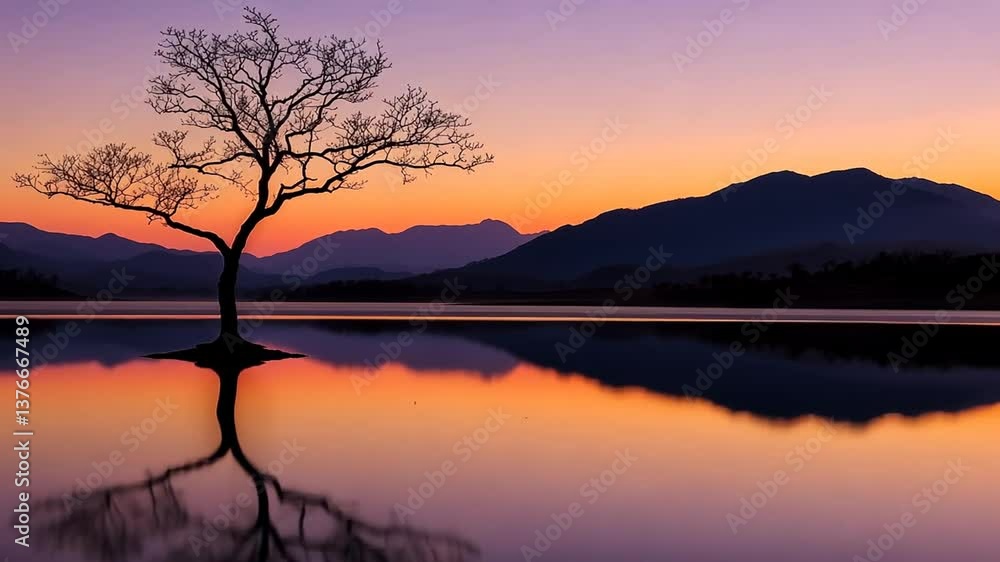 A serene sunset reflection of a tree in calm waters A serene sunset reflection of a tree in calm waters