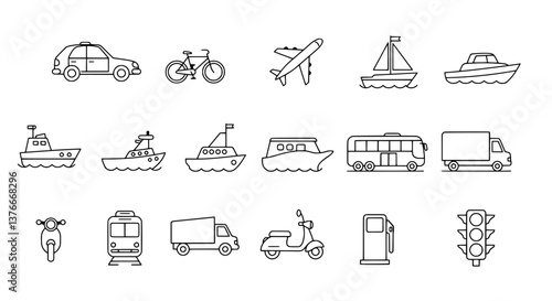 Transportation Icon Set: A comprehensive collection of stylized line art icons representing diverse modes of transportation, perfect for illustrating travel, logistics, and movement.