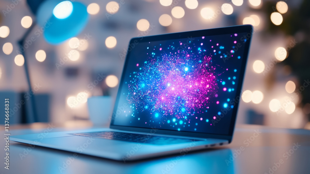 Futuristic workspace with sleek laptop and vibrant display for modern design concepts Futuristic workspace with sleek laptop and vibrant display for modern design concepts