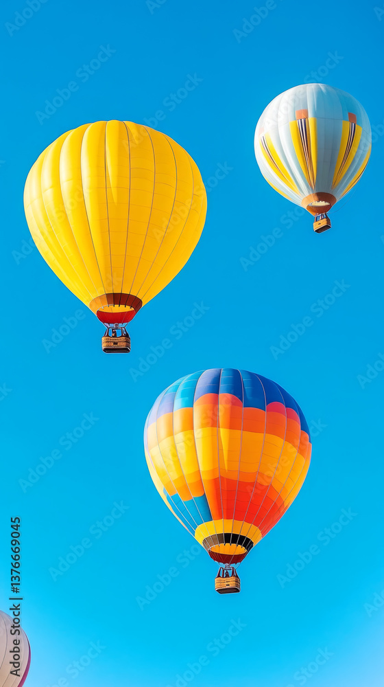 Obraz premium Colorful hot air balloons soaring in a clear blue sky for adventure and travel enthusiasts