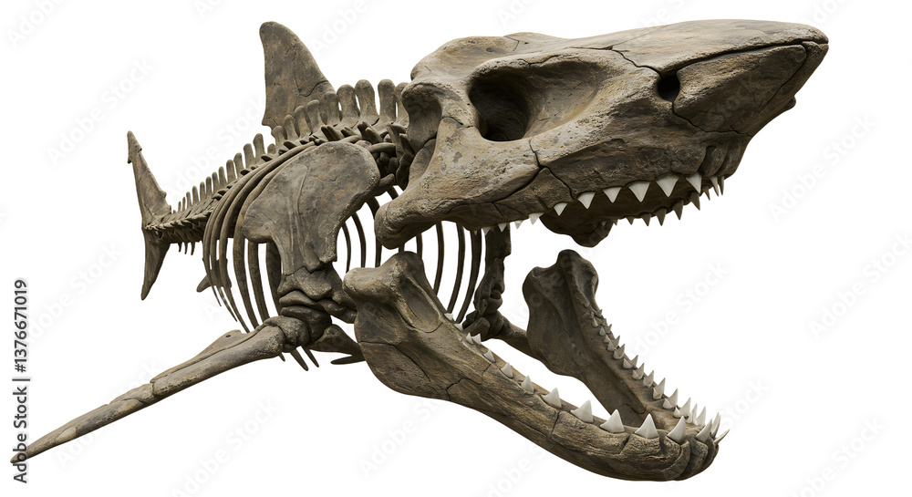 Fototapeta premium Fossil Skeleton Display Showing an Ancient Marine Predator with Sharp Teeth