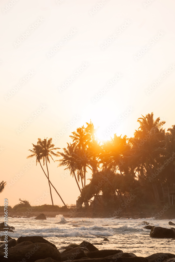 Beautiful sunset on tropical island. Silhouette of palm trees at sunset. Panoramic beach landscape. Inspire tropical nature seascape horizon. Outdoors. World Ocean Day.