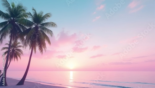Tropical beach scene with green coconut palm trees, pink sunset sky, ocean. Minimalist background for vacation, travel, paradise concepts. Seaside shore at dusk, copy space for design, advertising,