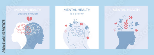 Mental Health card set.Mental health problems and emotional burnout. Concept of psychotherapy.Vector illustration.