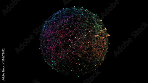 Abstract background with chaotic color lines connecting dots of sphere on dark. Analytics algorithms data. Quantum cryptography concept.  Big data. Banner for business, science and technology.