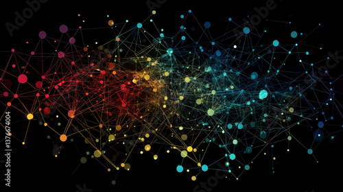 Abstract background with chaotic lines connecting dots of sphere on dark. Analytics algorithms data. Quantum cryptography concept.  Big data. Banner for business, science and technology.
