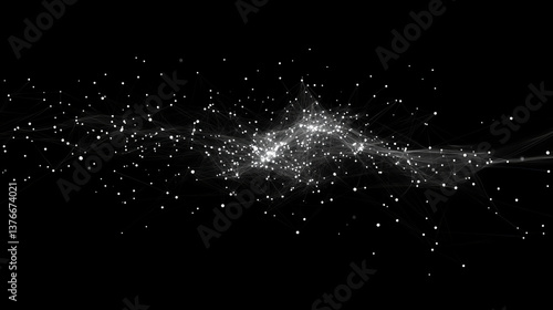 Abstract background with chaotic lines connecting dots of sphere on dark. Analytics algorithms data. Quantum cryptography concept.  Big data. Banner for business, science and technology.