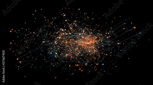 Abstract background with chaotic lines connecting dots of sphere on dark. Analytics algorithms data. Quantum cryptography concept. Big data. Banner for business, science and technology.