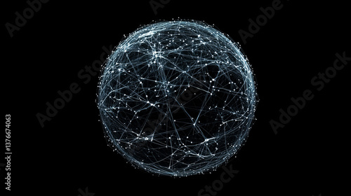 Abstract background with chaotic lines connecting dots of sphere on dark. Analytics algorithms data. Big data. Quantum cryptography concept. Banner for business, science and technology.