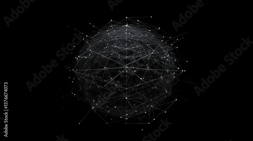 Abstract background with chaotic lines connecting dots of sphere on dark. Analytics algorithms data. Big data. Quantum cryptography concept. Banner for business, science and technology. 