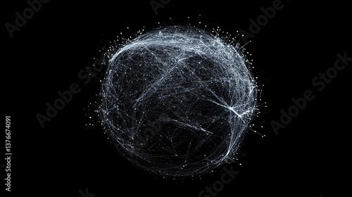 Abstract background with chaotic lines connecting dots of sphere on dark. Analytics algorithms data. Big data. Quantum cryptography concept. Banner for business, science and technology.