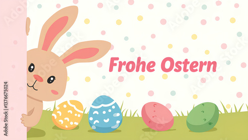 Ein süßer Osterhase im Cartoon-Stil, der aus der Ecke lugt, mit einem Hintergrund aus Tupfen und verstreuten bemalten Eiern. In der Mitte der Text: Frohe Ostern. KI Generated 