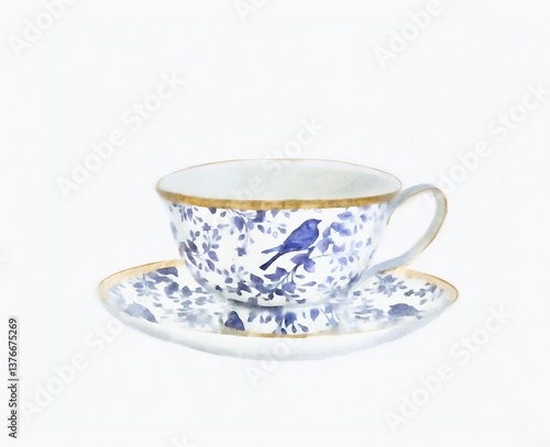 White tea cup with blue floral pattern with saucer on white background watercolor illustration