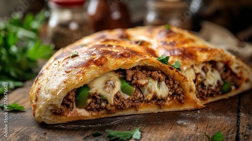 Cheesy beef and pepper stuffed calzone with herbs on rustic wooden table