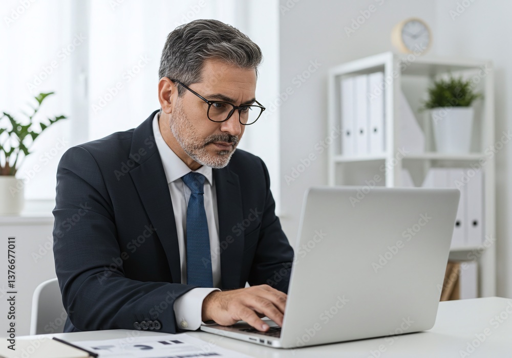 A focused businessman working on a laptop at his desk in a modern office. He appears to be deeply engrossed in his work A focused businessman working on a laptop at his desk in a modern office. He appears to be deeply engrossed in his work
