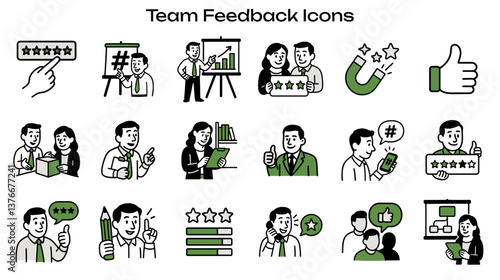 Simple Icon Set Related to Teamwork and Feedback. Contains icons: thumbs up, presentation, magnet, pencil